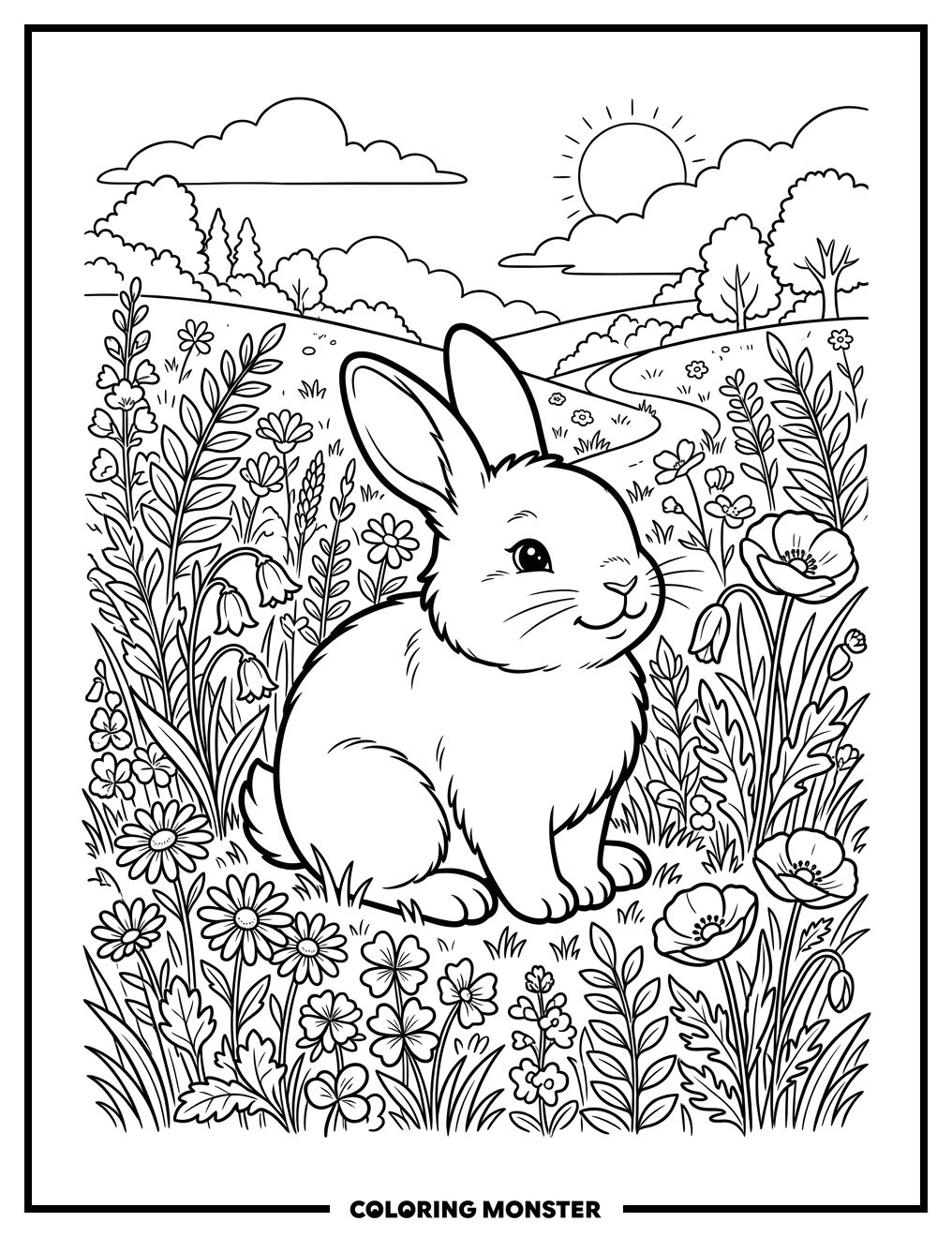 Bunny In A Wildflower Meadow Coloring Page