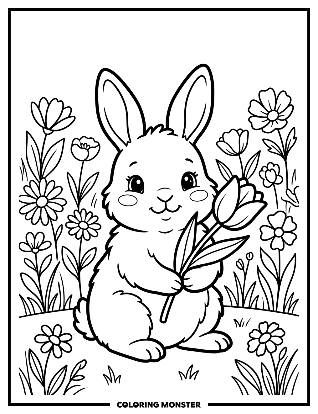 Bunny in Spring Flower Field Coloring Page