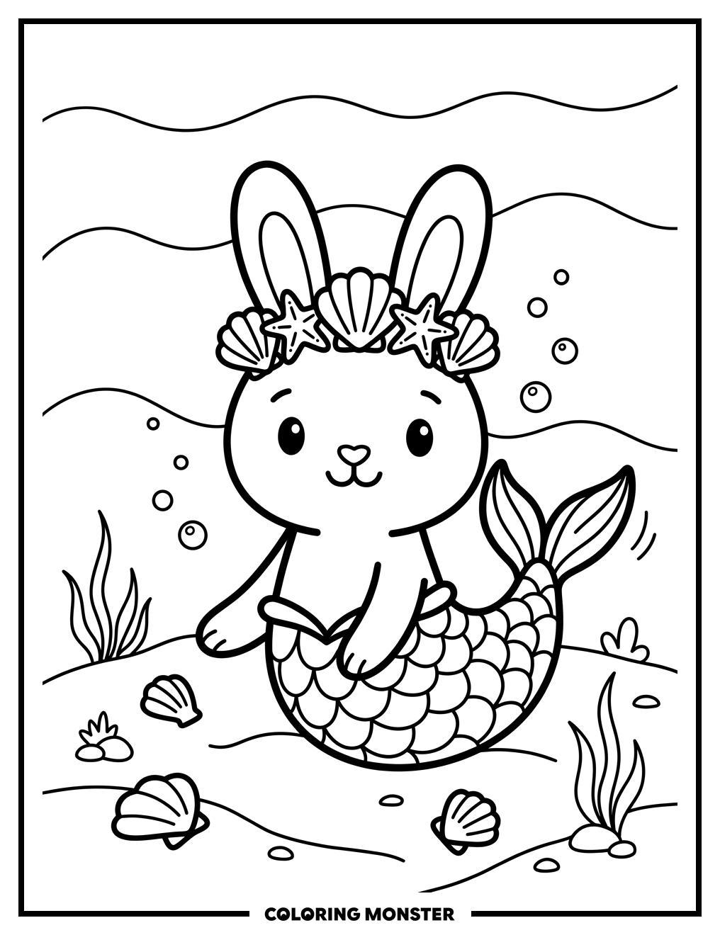 Bunny Mermaid on Seabed Coloring Page