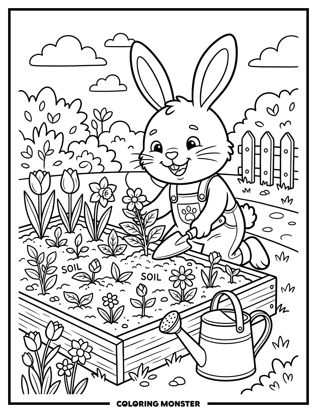 Bunny Planting Spring Flowers Coloring Page