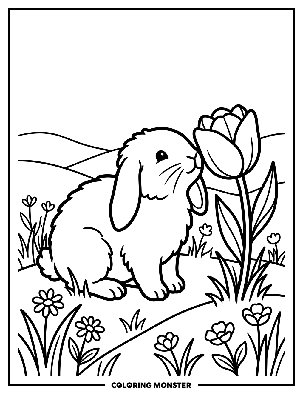 Bunny Sniffing a Tulip Coloring Page