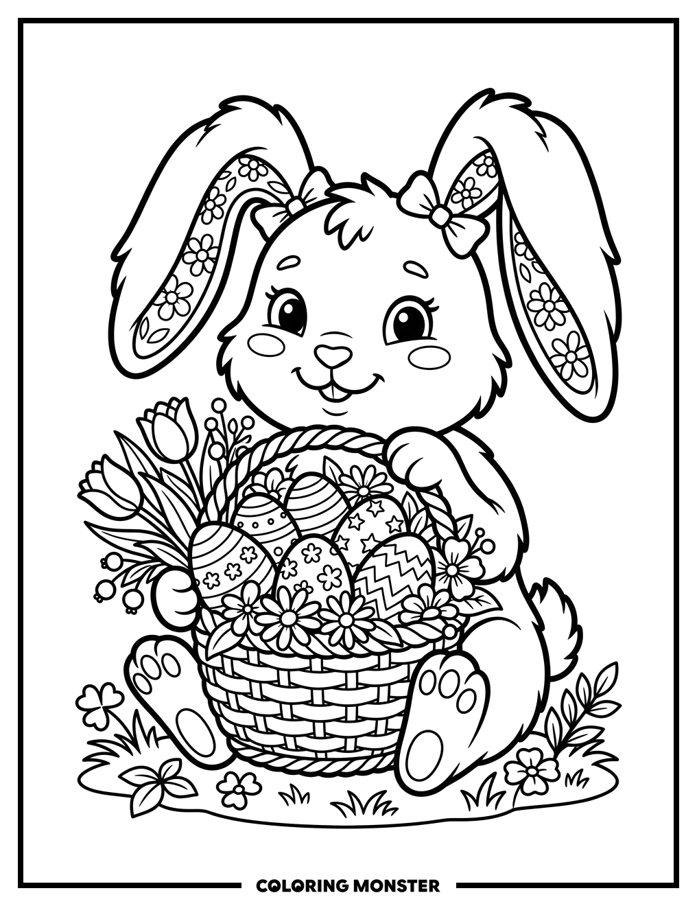 Bunny With Easter Basket Full Of Eggs Coloring Page
