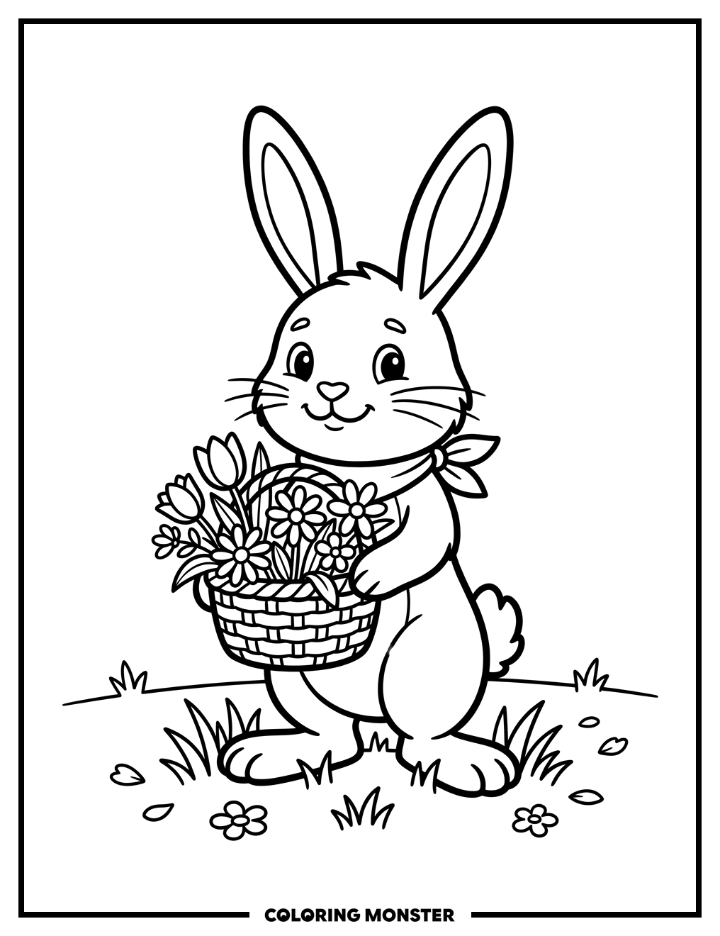 Bunny With Spring Flower Basket Coloring Page