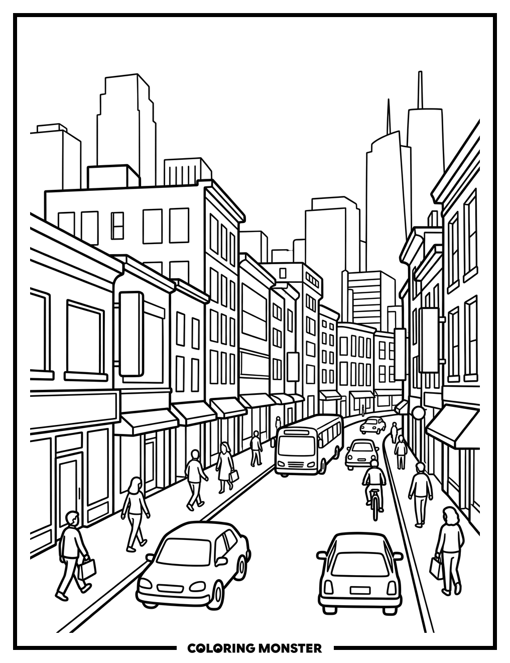Bustling City Street Scene Coloring Page