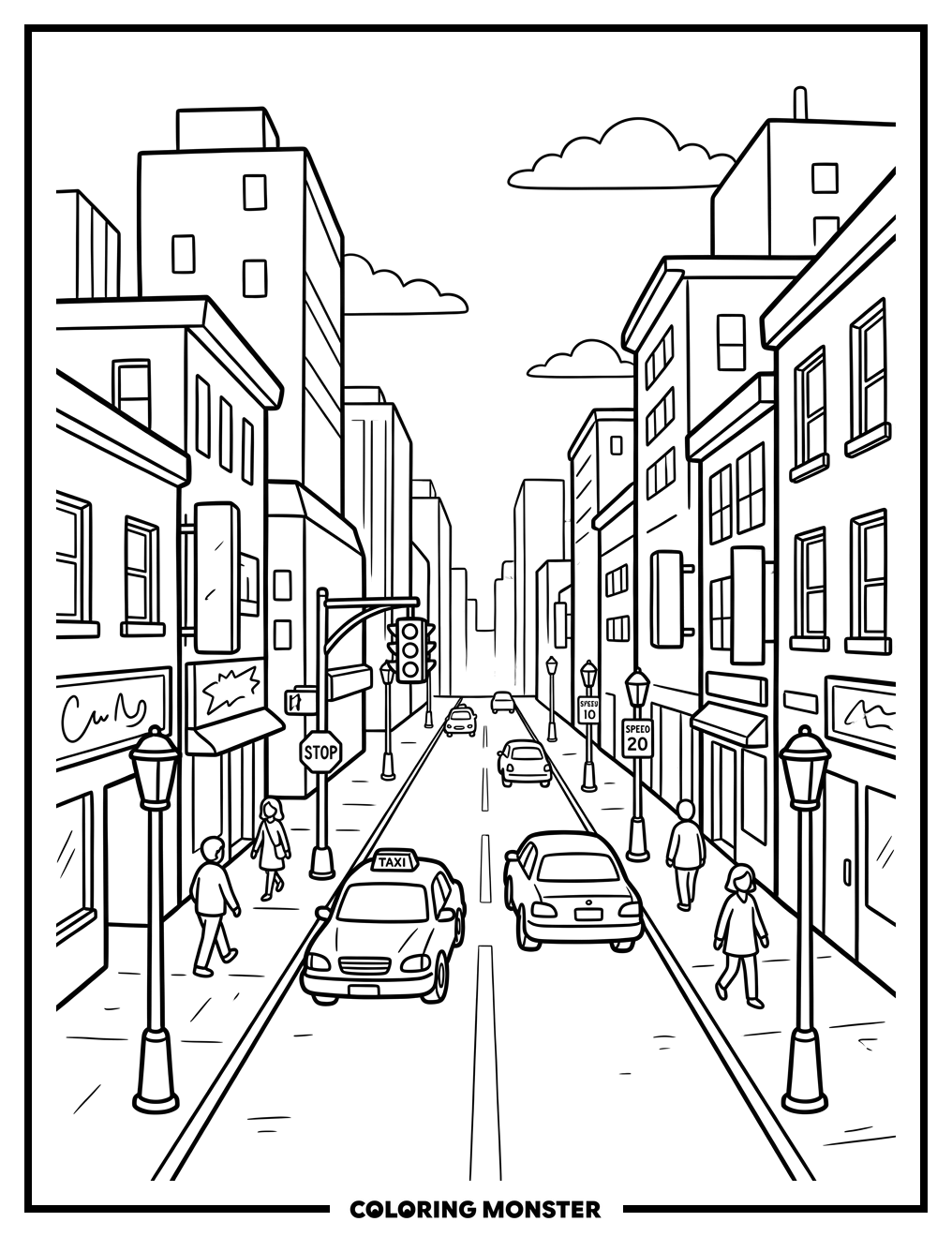 Busy City Street Scene Coloring Page