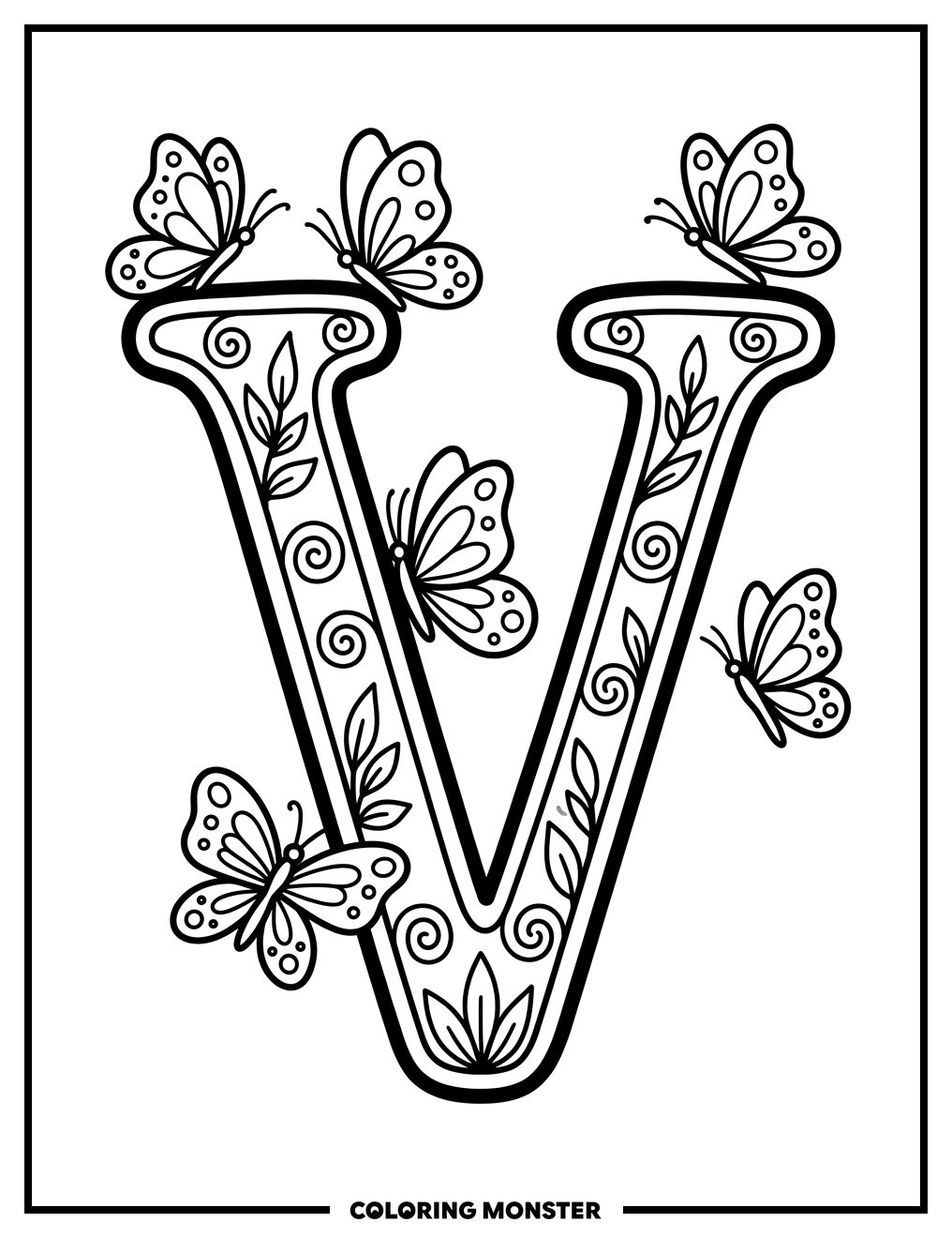 Butterflies Around Letter V Coloring Page