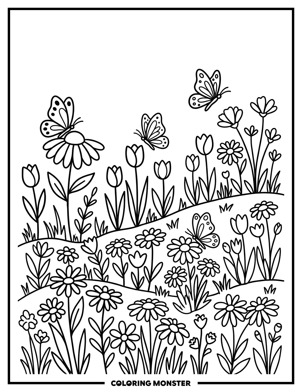 Butterflies In A Flower Meadow Coloring Page
