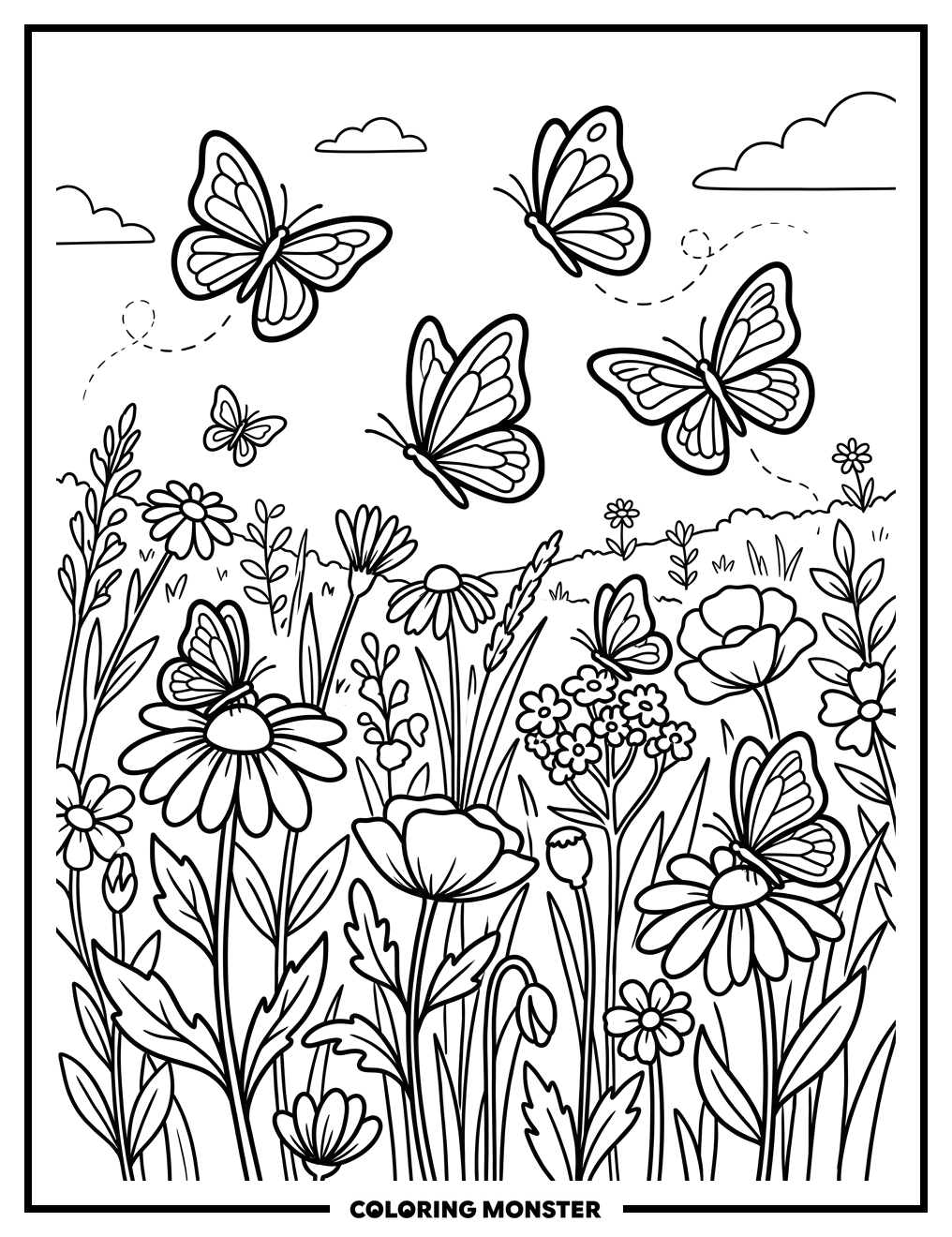 Butterflies in a Wildflower Field Coloring Page