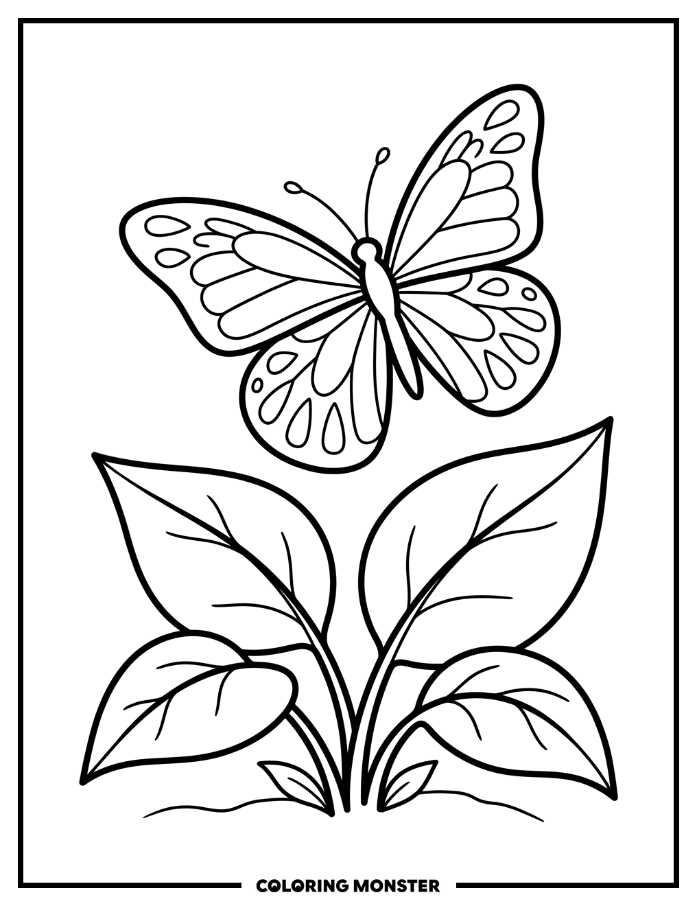 Butterfly Above Simple Leaves Coloring Page