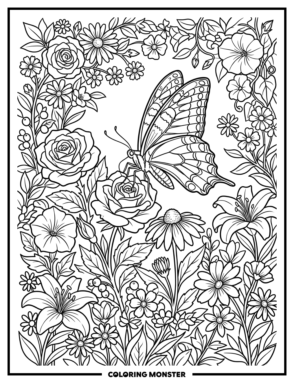Butterfly Among Blooming Flowers Coloring Page