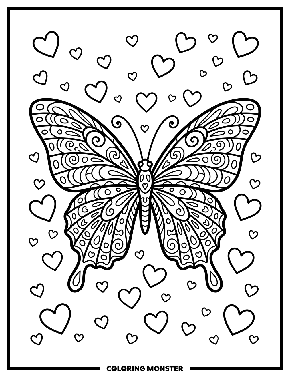 Butterfly Among Hearts Coloring Page