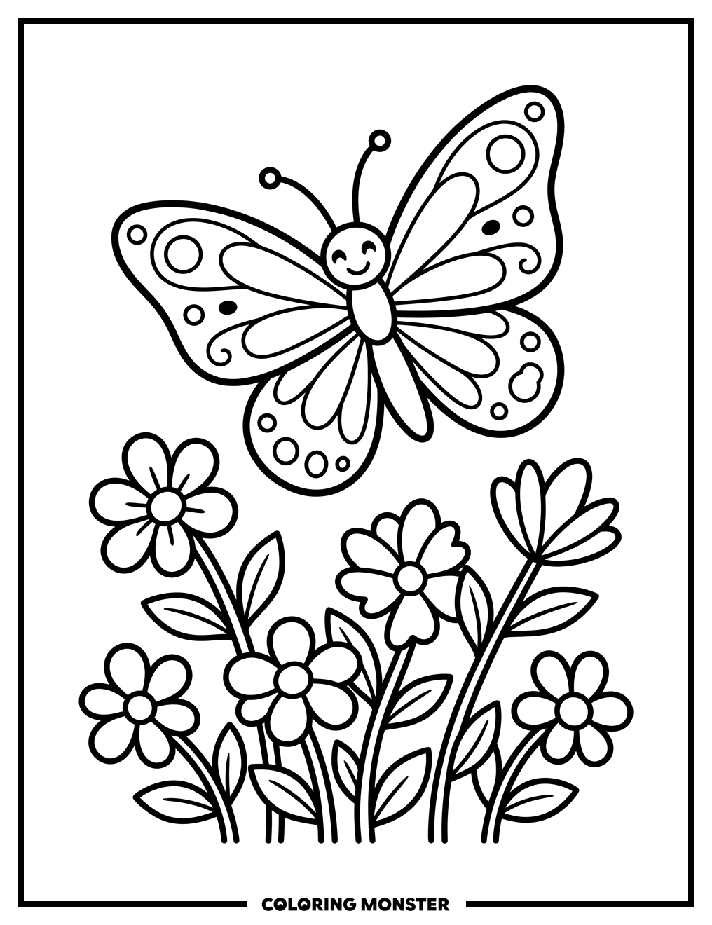 Butterfly and Flowers Coloring Page