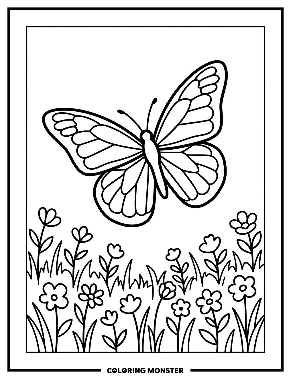 Butterfly Flying Over Flowers Coloring Page
