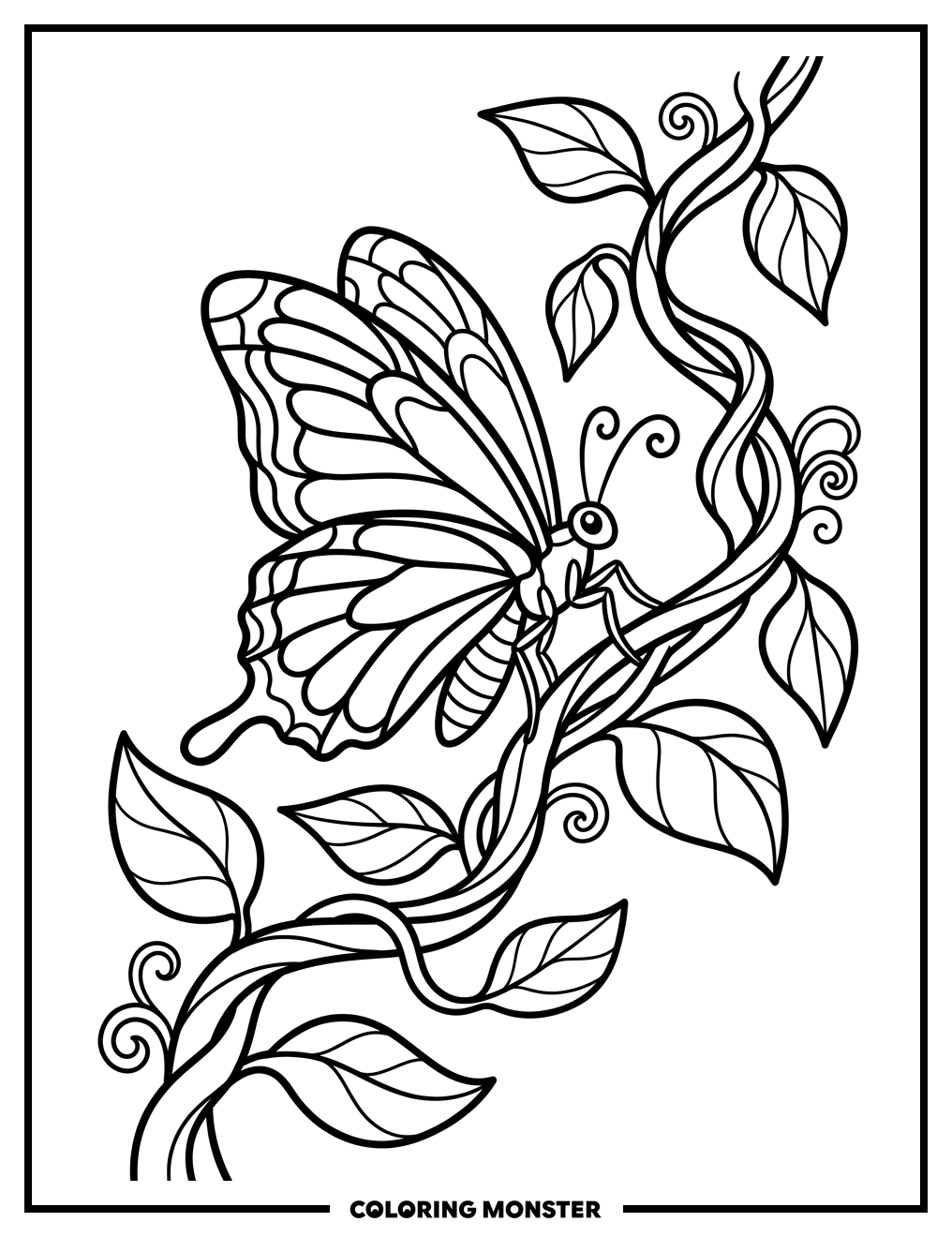 Butterfly on a Vine Coloring Page
