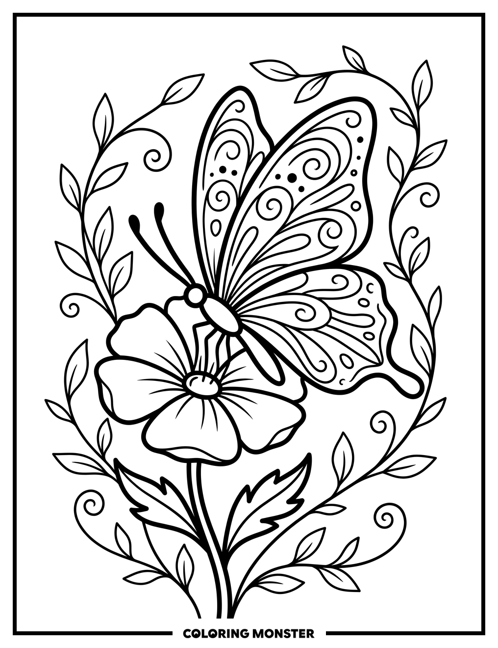 Butterfly on Blooming Flower Coloring Page