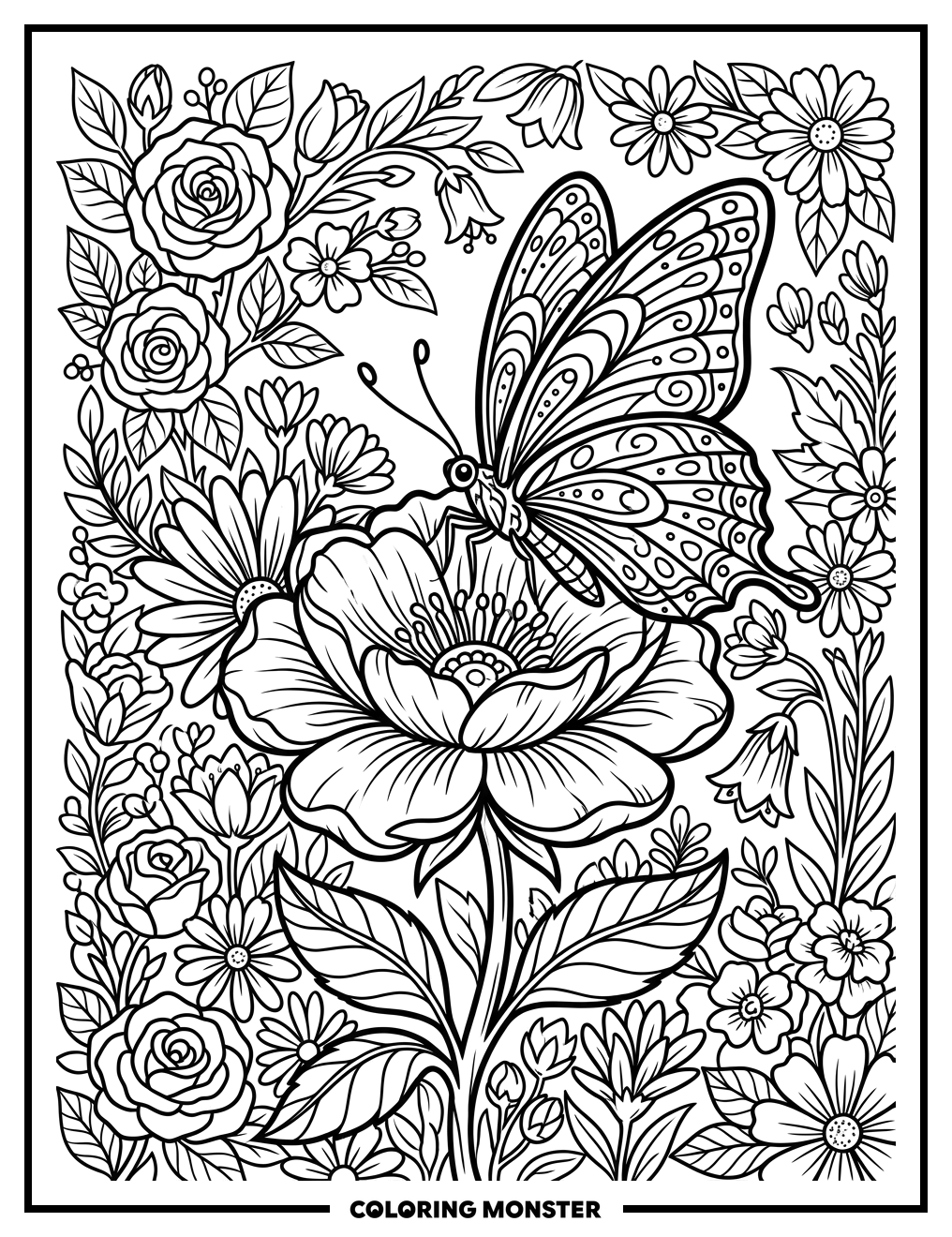 Butterfly on Blooming Flower Coloring Page