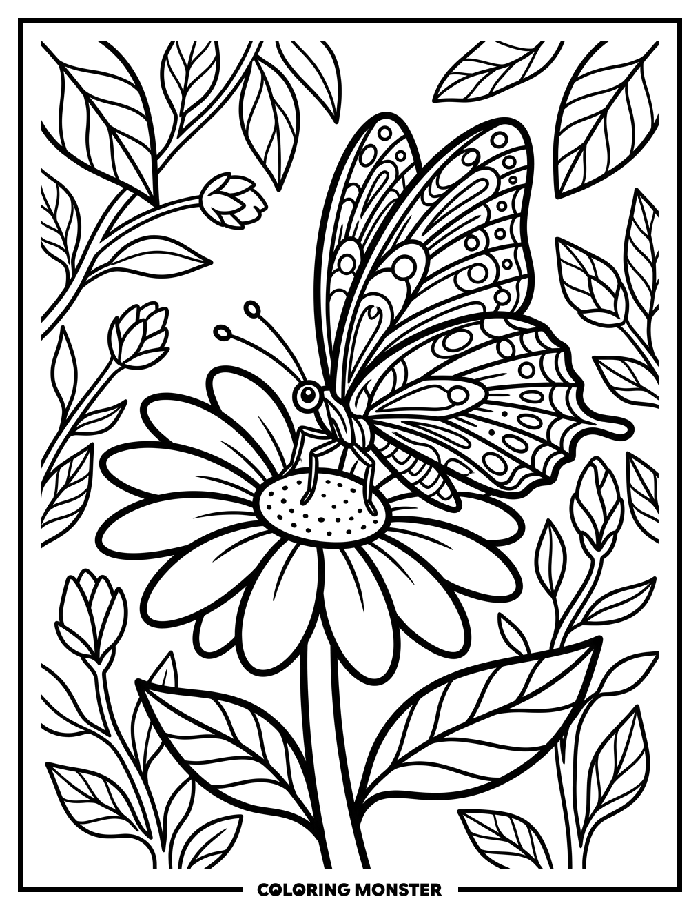 Butterfly on Blooming Flower Coloring Page