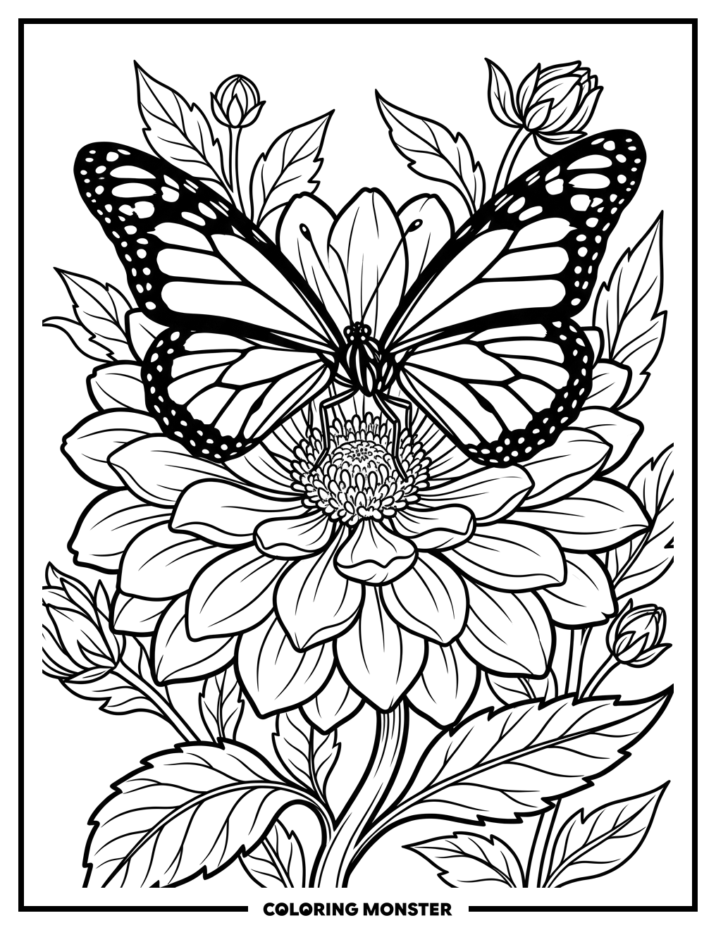 Butterfly on Blooming Flower Coloring Page