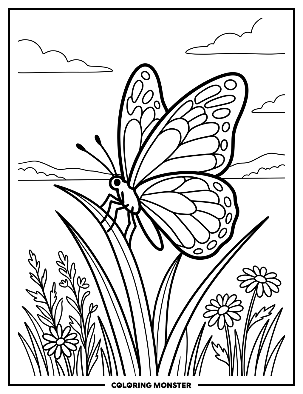 Butterfly on Grass Coloring Page