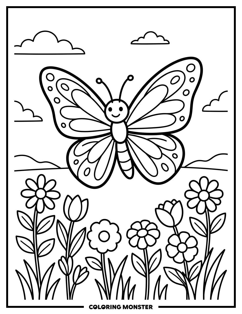 Butterfly Over Flower Field Coloring Page