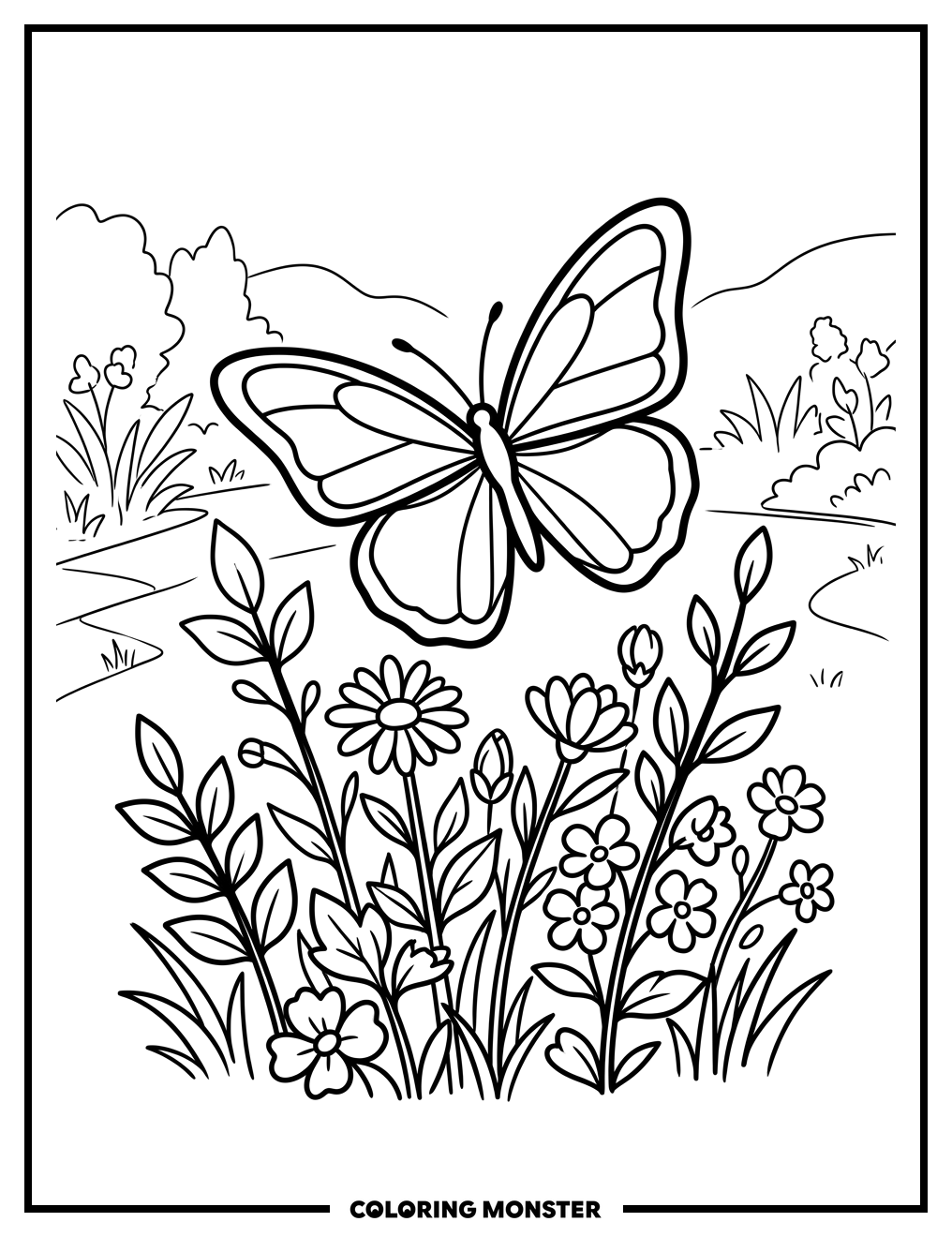 Butterfly Over Wildflowers Coloring Page