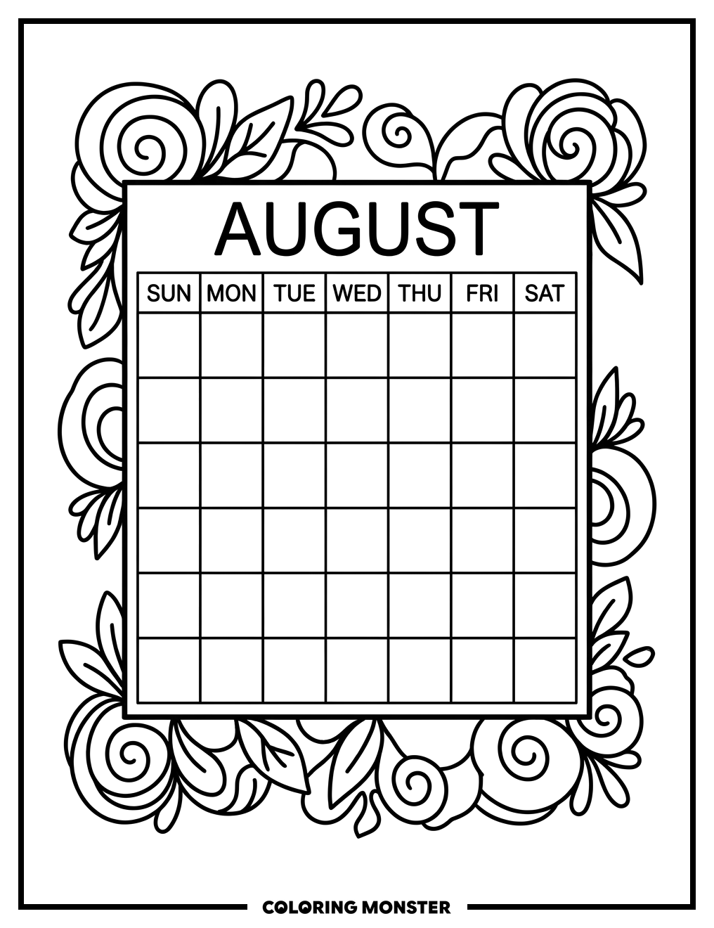 Calendar Page with Decorative Border Coloring Page