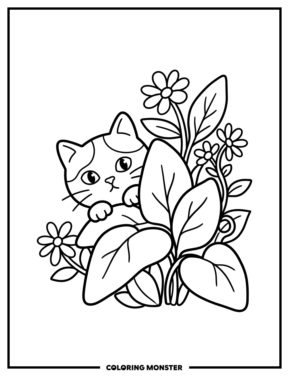 Calico Cat Peeking from Garden Leaves Coloring Page