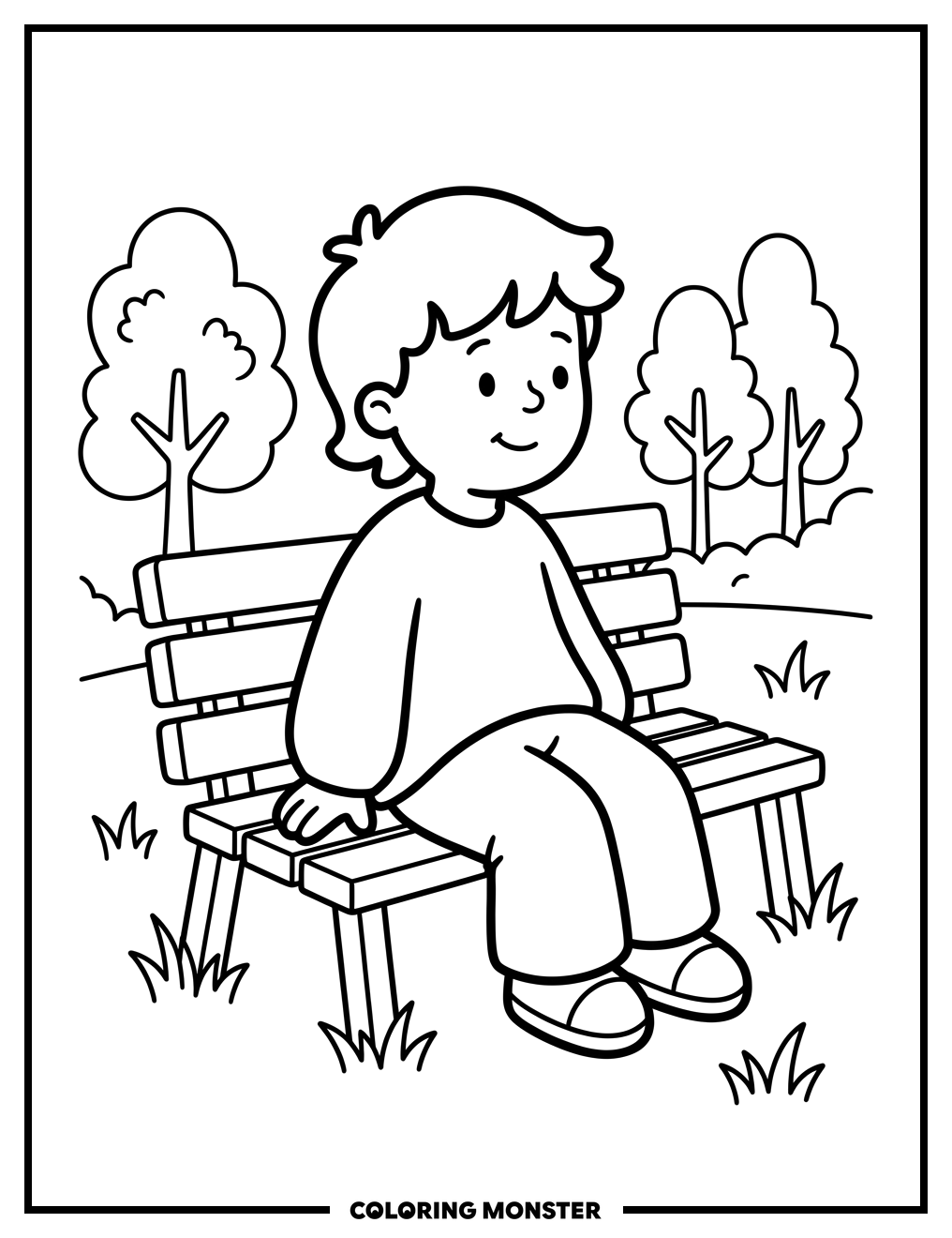 Calou Sits on a Park Bench Coloring Page