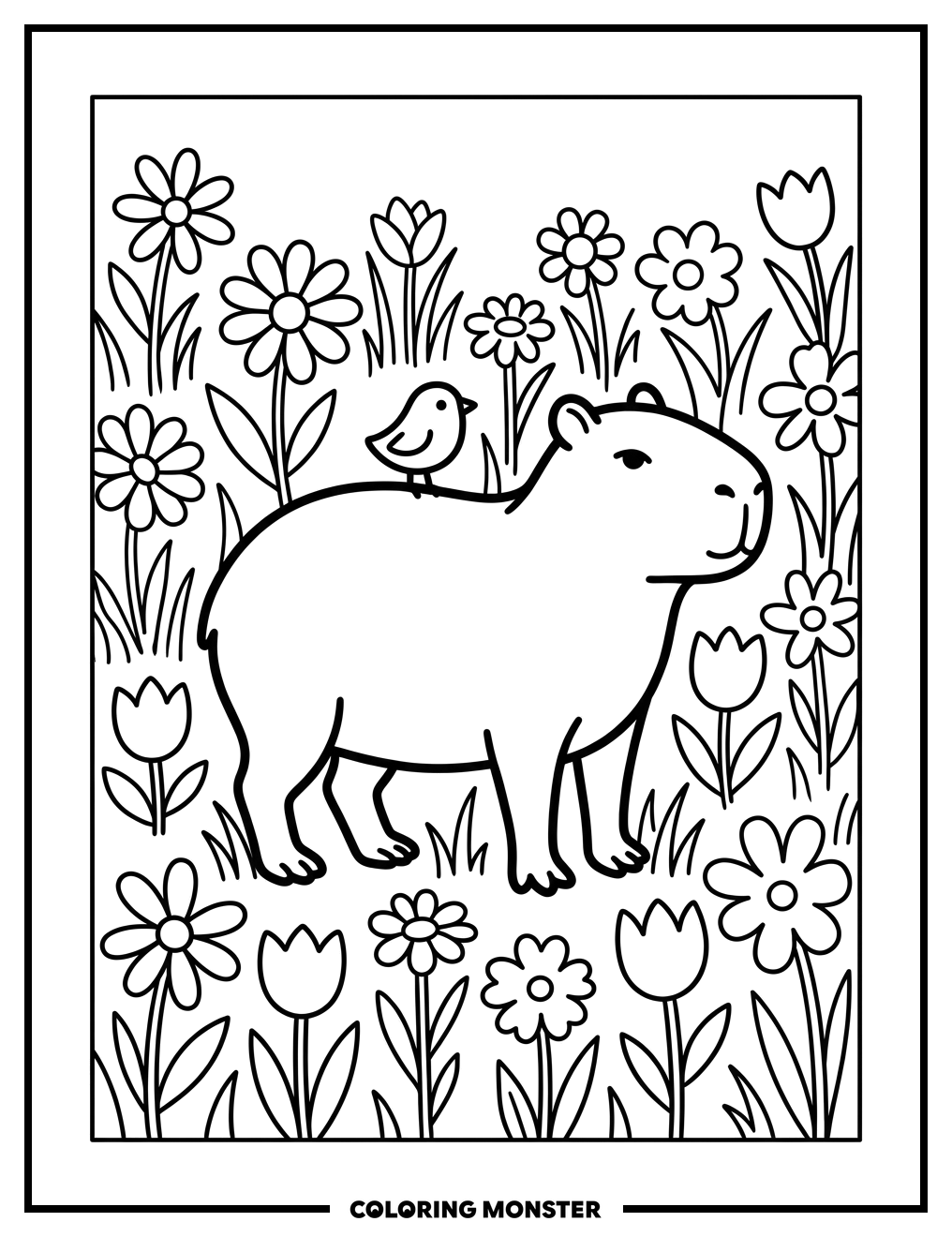 Capybara and Bird in Flowers Coloring Page
