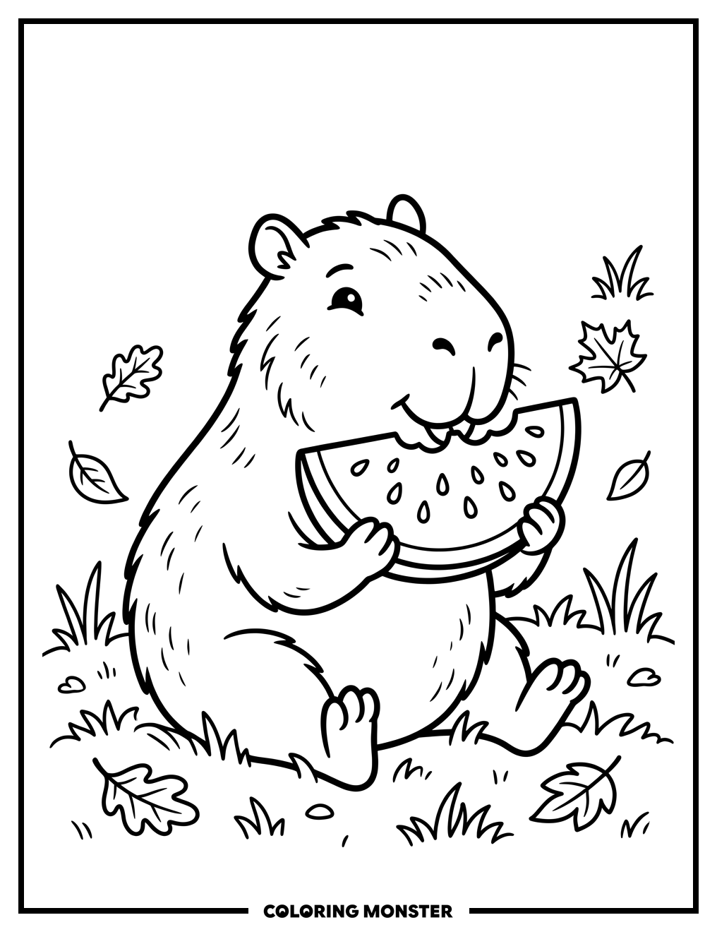 Capybara Eating Watermelon Coloring Page