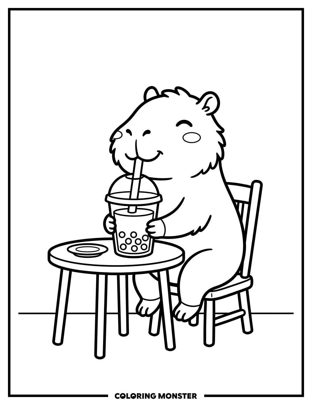 Capybara Enjoys Boba Tea Coloring Page