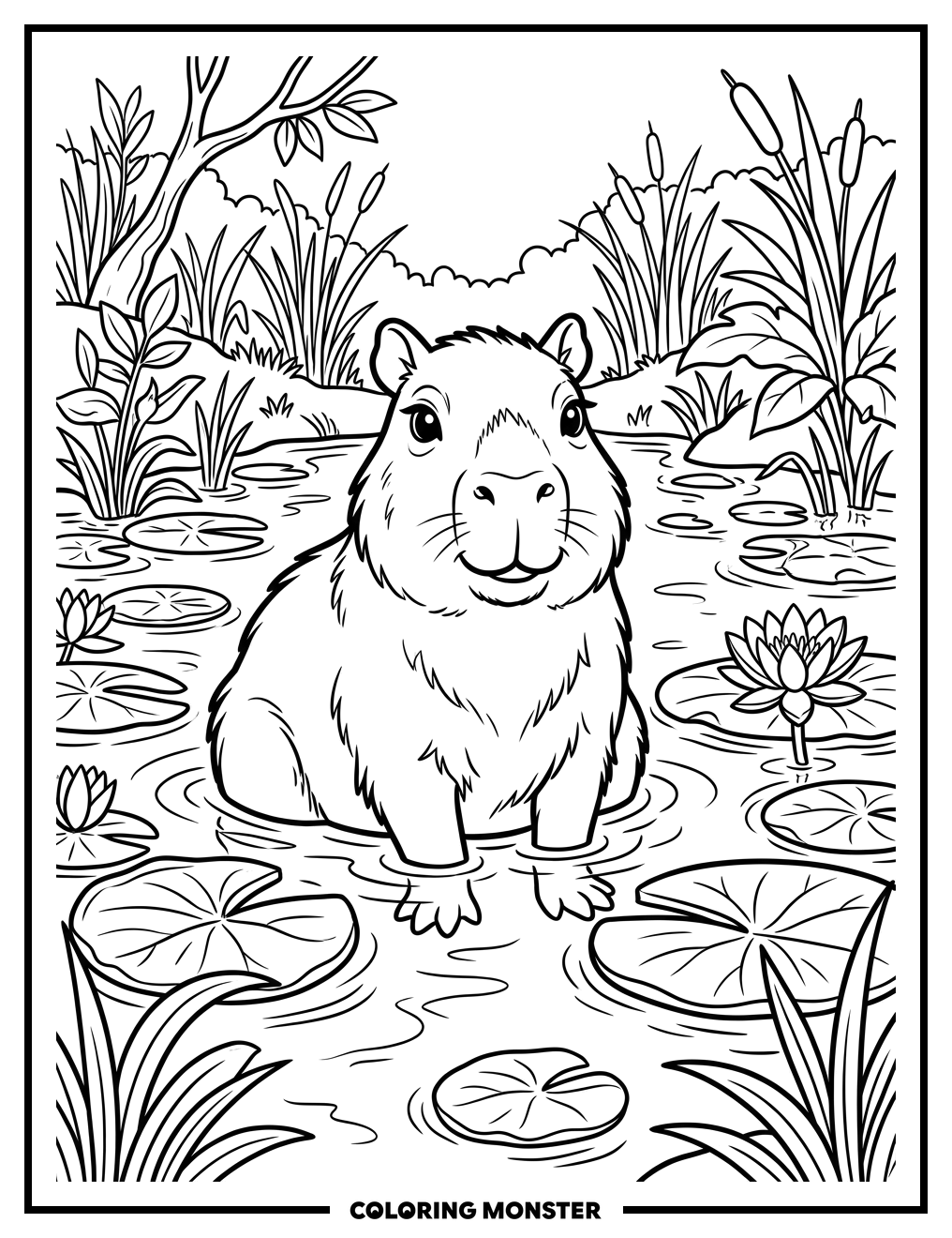 Capybara Relaxing Among Lily Pads Coloring Page