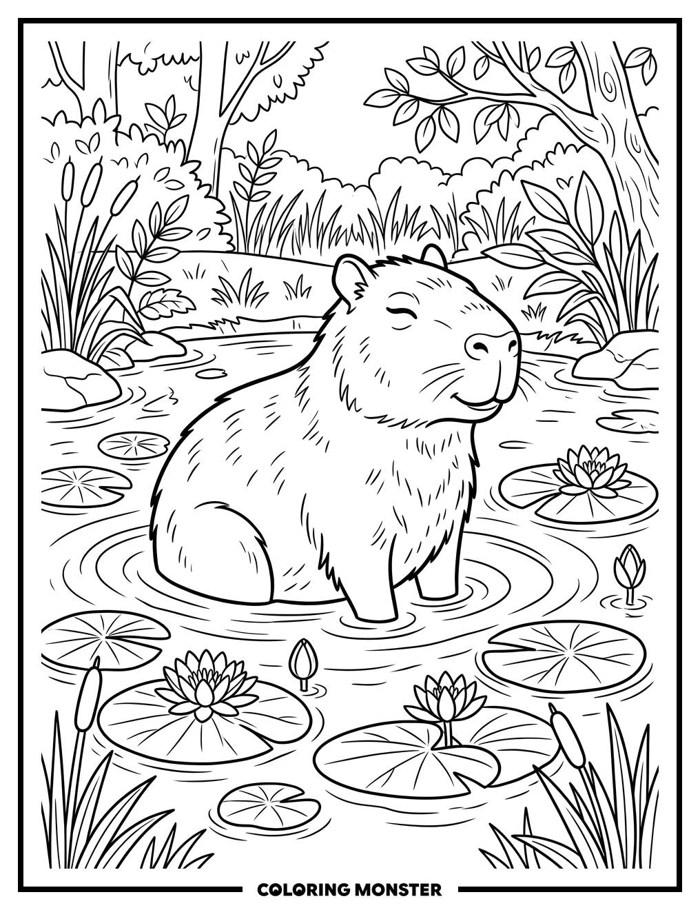 Capybara Relaxing in a Pool Coloring Page