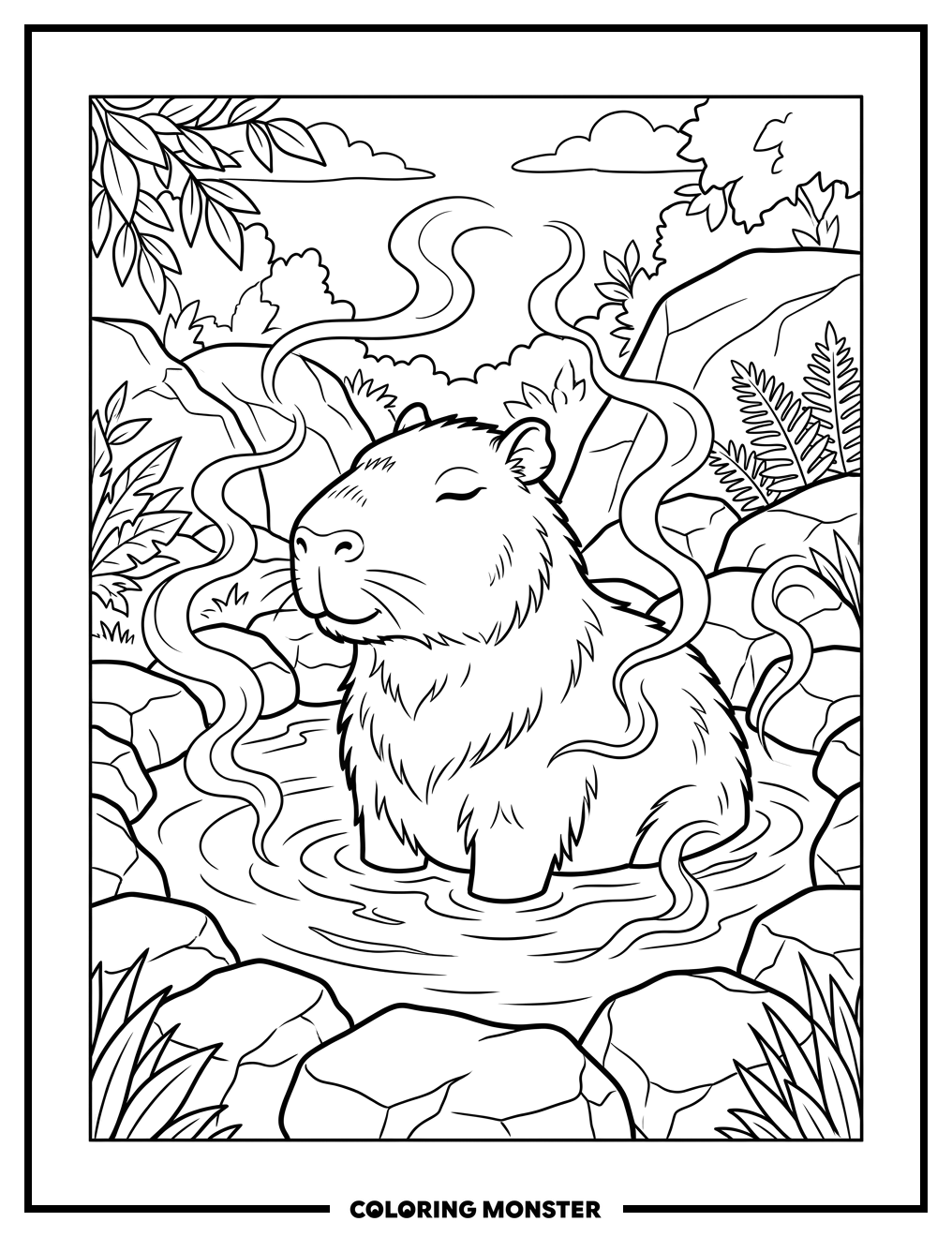 Capybara Relaxing in Hot Spring Coloring Page