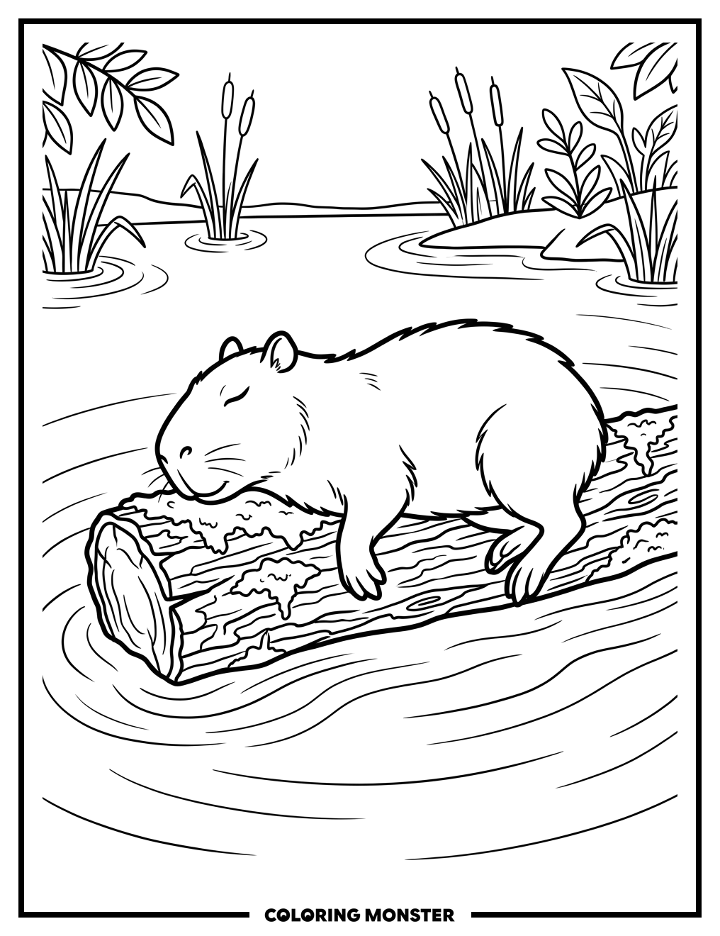 Capybara Sleeping on a Log Coloring Page