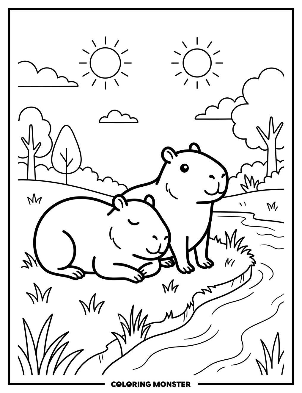 Capybaras By The River Coloring Page