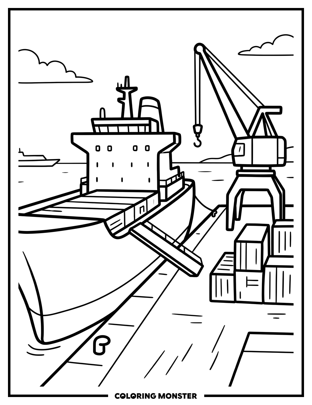 Cargo Ship Docked With Containers Coloring Page