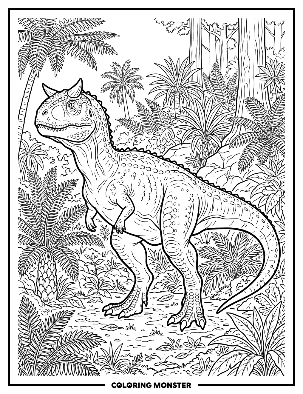 Carnotaurus Dinosaur in Prehistoric Jungle Coloring Page