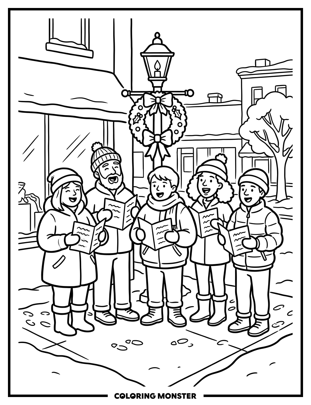 Carolers On Snowy Street Corner Coloring Page