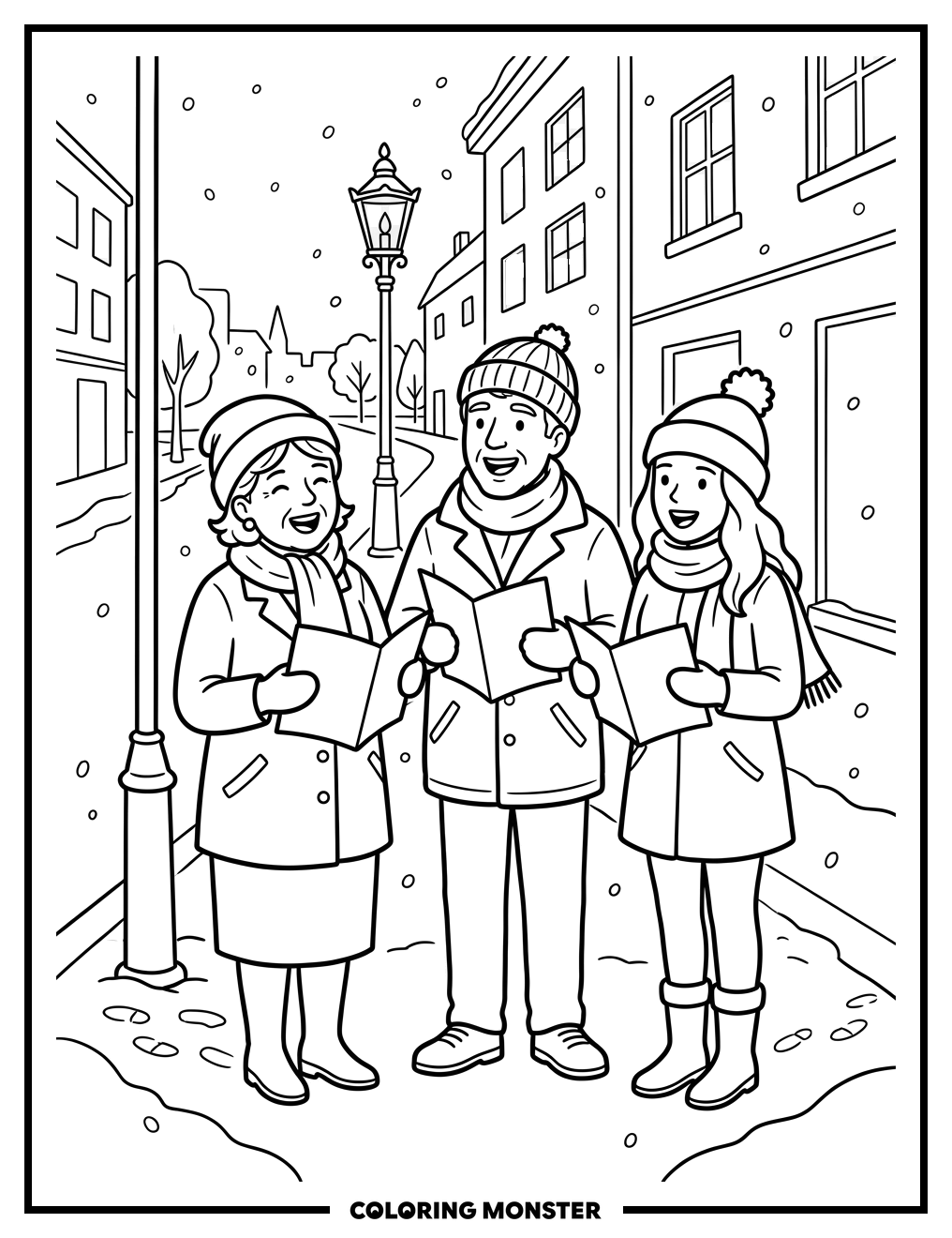 Carolers Sing on Snowy Street Coloring Page