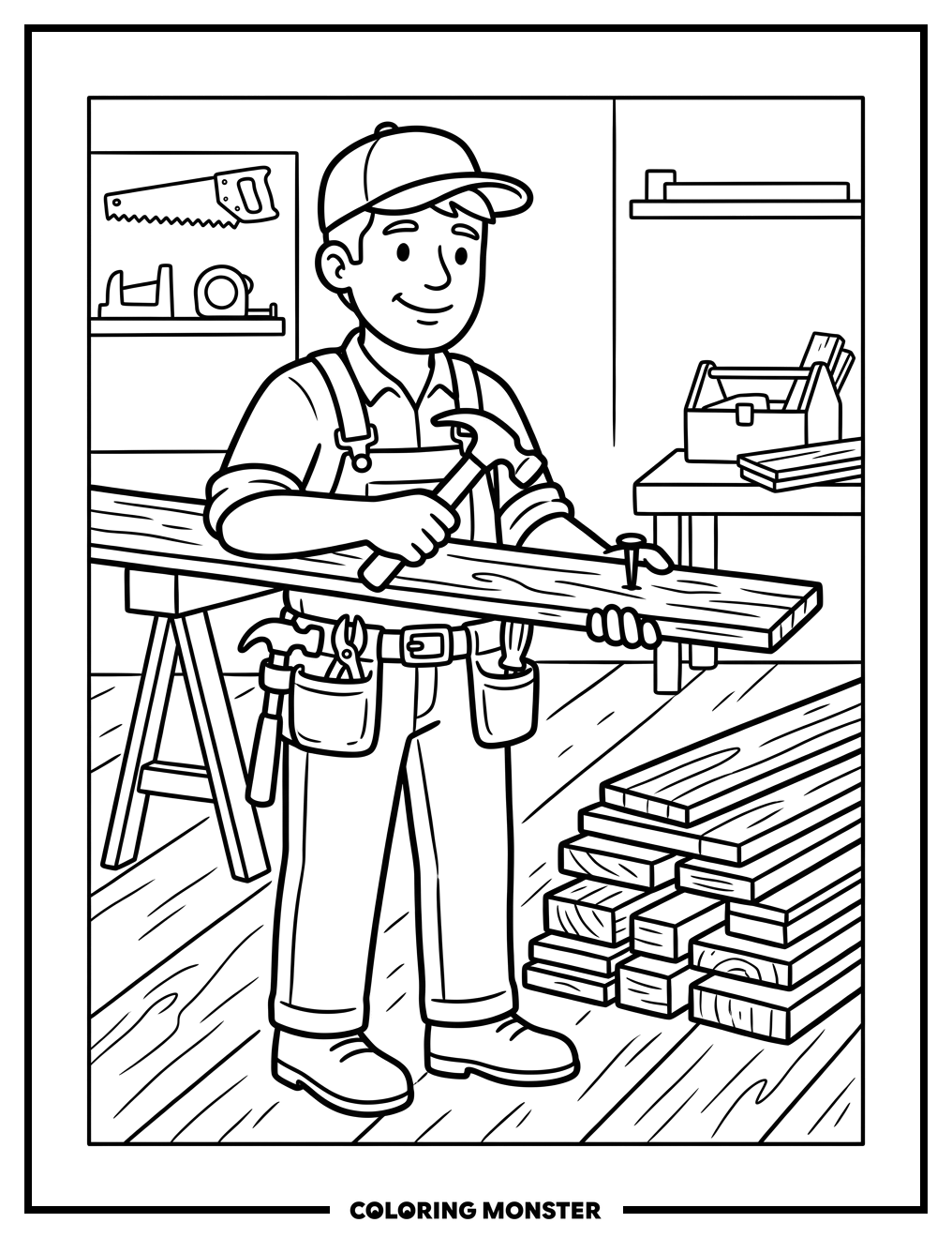 Carpenter Hammering a Nail Coloring Page