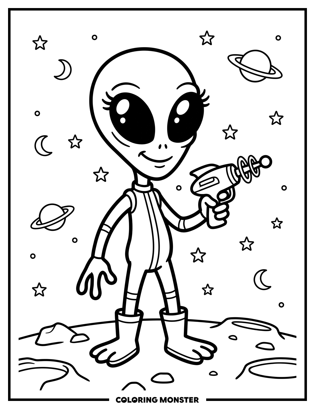 Cartoon Alien With Ray Gun Coloring Page