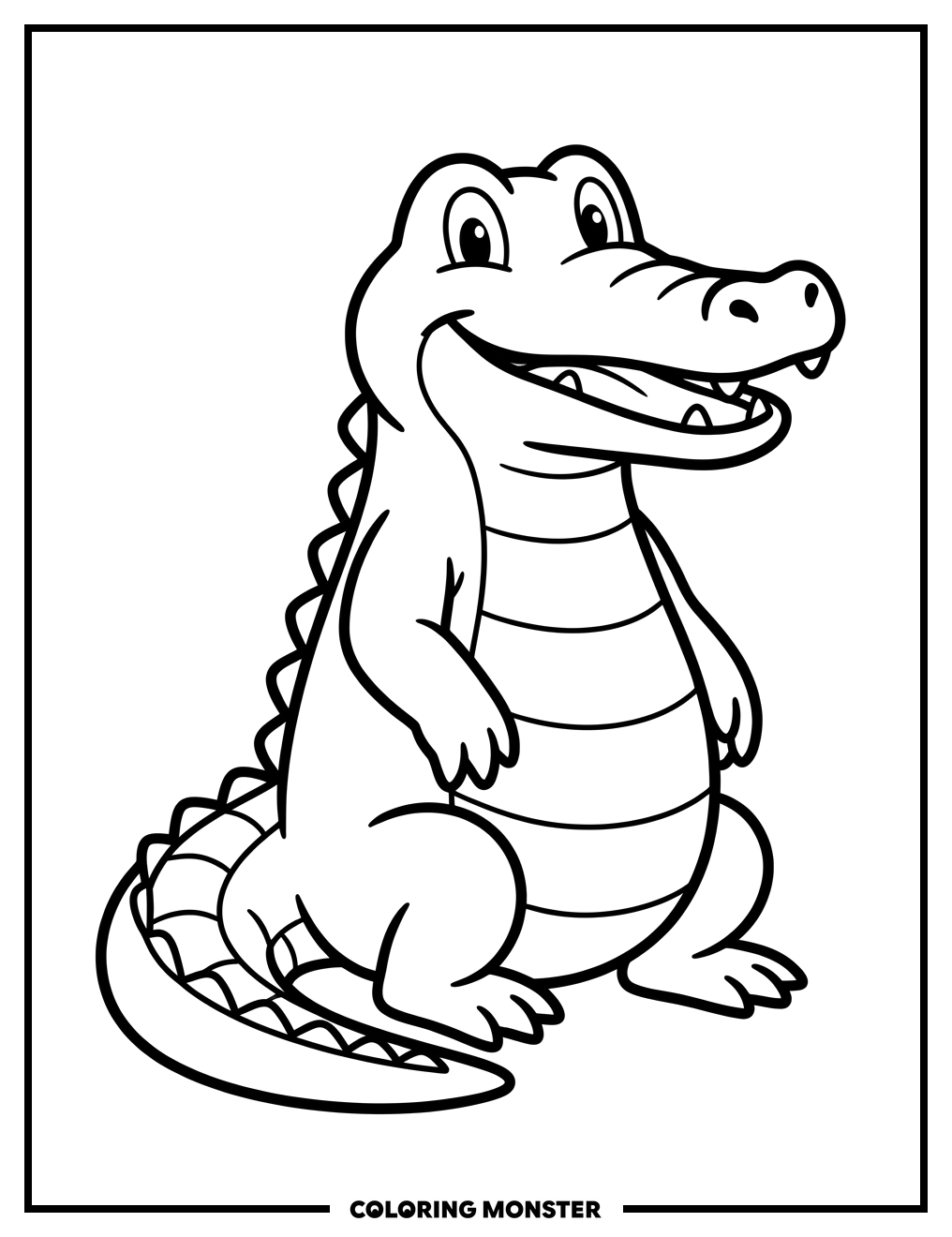 Cartoon Alligator Sitting Happily Coloring Page