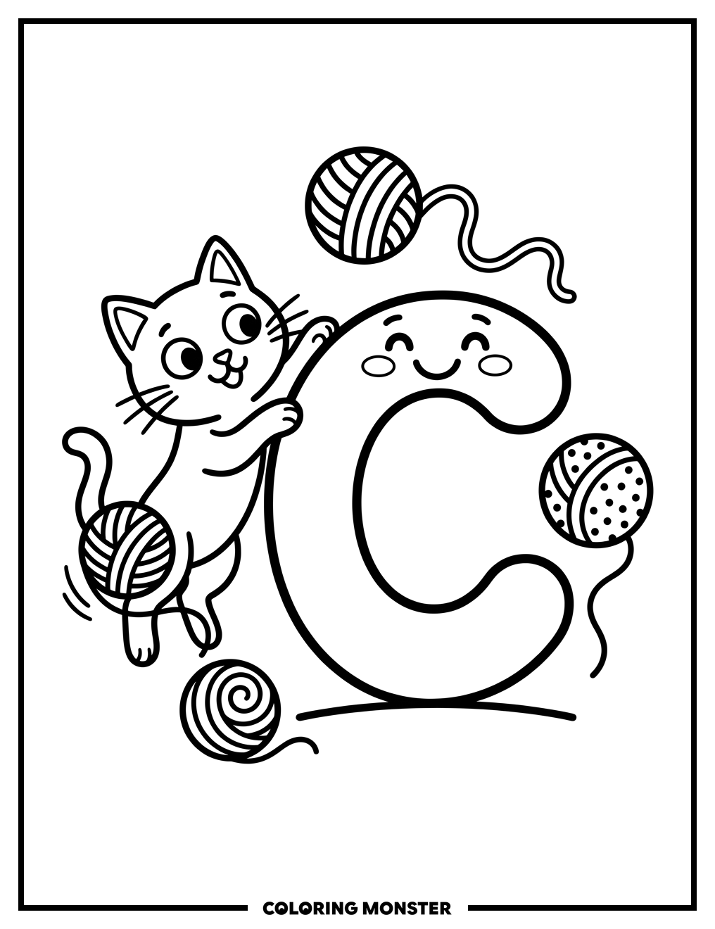 Cartoon Cat and Letter C Coloring Page