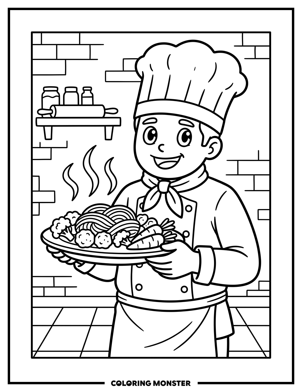 Cartoon Chef Serving Delicious Food Coloring Page