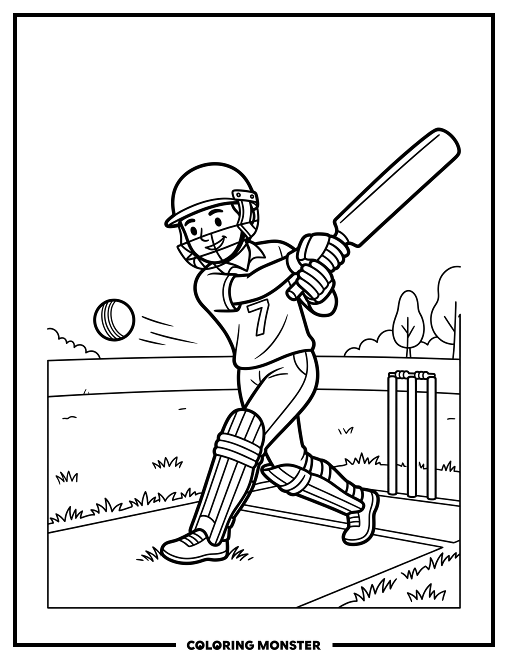 Cartoon Cricket Player Swinging Coloring Page