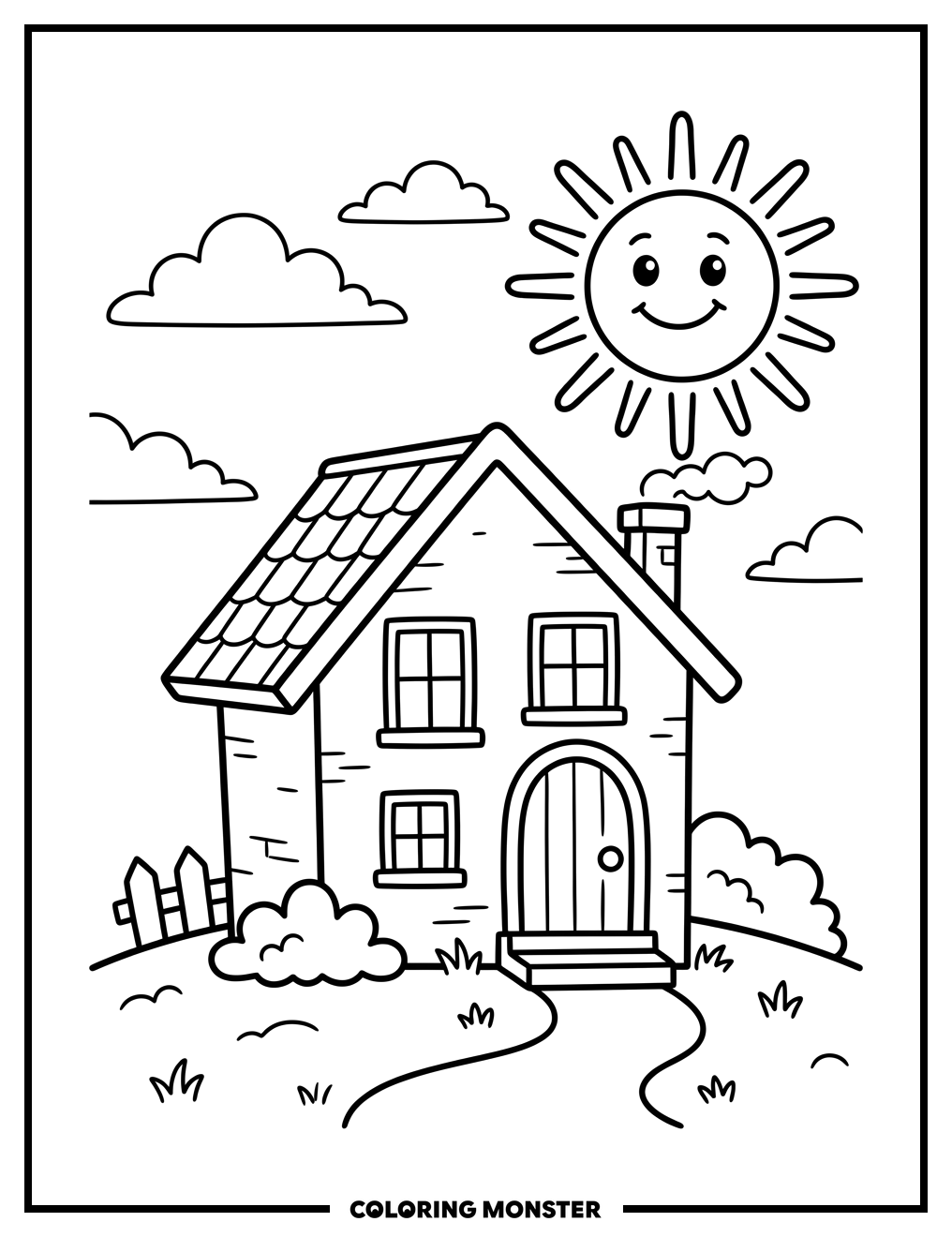 Cartoon House and Smiling Sun Coloring Page