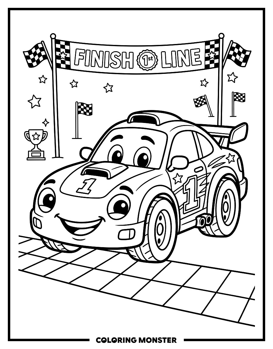 Cartoon Race Car at Finish Line
