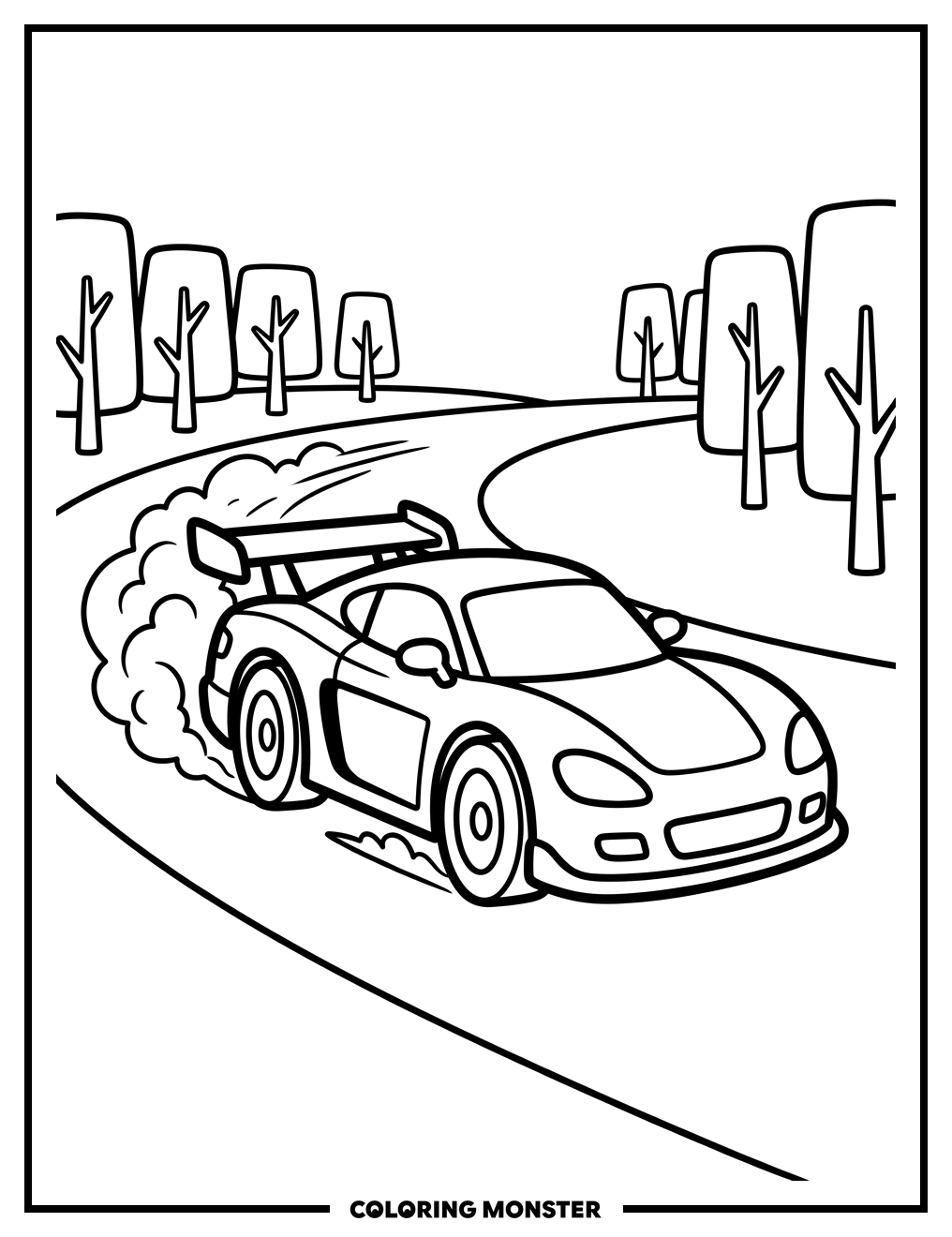 Cartoon Race Car Speeds Down Track Coloring Page