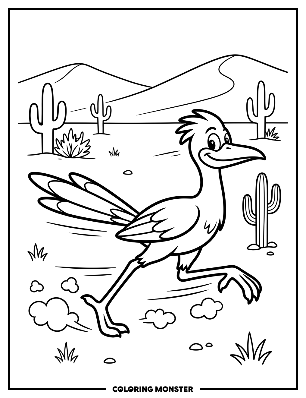 Cartoon Road Runner Speeding Through Desert Coloring Page